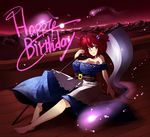  barefoot breasts hair_bobbles hair_ornament happy_birthday harusame_(unmei_no_ikasumi) huge_breasts onozuka_komachi red_eyes red_hair scythe short_hair solo touhou two_side_up 