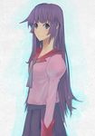  ameya_shioichi aqua_eyes bakemonogatari long_hair monogatari_(series) purple_hair school_uniform senjougahara_hitagi smile solo 