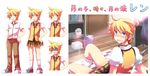  1boy blonde_hair blue_eyes blush bow chair character_sheet cinderella_school_(vocaloid) crossdressing from_behind hand_on_hip kagamine_len kousetsu looking_back male_focus pleated_skirt school_uniform short_hair sitting skirt translated trash_can vocaloid 