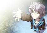  a-ka arm_up bad_id bad_pixiv_id cardigan foreshortening hands highres kita_high_school_uniform looking_up nagato_yuki outstretched_arm outstretched_hand purple_hair school_uniform serafuku short_hair snow snowflakes solo suzumiya_haruhi_no_yuuutsu 