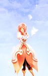  ^_^ blue_background blush boots closed_eyes day dress estellise_sidos_heurassein gloves happy highres knee_boots pants paper pink_hair royal_7 short_hair sky smile solo sparkle tales_of_(series) tales_of_vesperia white_gloves 