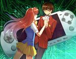  1girl bad_id bad_pixiv_id brown_hair cravat glasses handheld_game_console holding_hands kami_nomi_zo_shiru_sekai katsuragi_keima newpe playstation_portable product_placement red_hair short_hair skirt sugimoto_yotsuba 