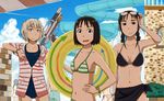  arashiyama_hotori bikini black_eyes black_hair blonde_hair blue_eyes bracelet braid glasses jewelry kameidou_shizuka kon_futaba long_hair multiple_girls naotan navel one-piece_swimsuit short_hair soredemo_machi_wa_mawatteiru striped striped_bikini striped_swimsuit swimsuit twin_braids water_gun water_slide 