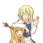  :d ^_^ apron arm_on_head arm_support blonde_hair blush closed_eyes grin horns ibuki_suika kirisame_marisa multiple_girls natsuk no_hat no_headwear open_mouth orange_eyes smile teeth touhou waist_apron 