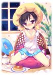  aoi_sora-maru blush book bracelet brown_hair food highres jewelry original pillow plant red_eyes short_hair sitting solo star 