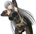  armpits arms_behind_head belt breasts detached_sleeves kenji_t1710 large_breasts long_hair military military_uniform red_eyes selvaria_bles senjou_no_valkyria senjou_no_valkyria_1 silver_hair simple_background solo thighhighs uniform very_long_hair 