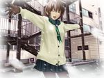  ^_^ androgynous bad_id bad_pixiv_id blurry brown_hair cardigan closed_eyes depth_of_field gloves grey_legwear hitori_(htr_t) necktie open_mouth original outstretched_arms pantyhose pleated_skirt school_uniform short_hair skirt smile snow solo spread_arms 