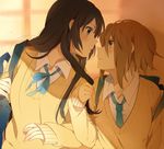  akiyama_mio black_eyes black_hair blush brown_eyes brown_hair hair_down hair_grab hair_pull k-on! karuha long_hair multiple_girls necktie school_uniform short_hair sweater tainaka_ritsu yuri 