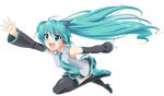  ahoge aqua_eyes aqua_hair detached_sleeves hatsune_miku long_hair manji_taba necktie outstretched_arm reaching simple_background skirt smile solo thighhighs twintails very_long_hair vocaloid 