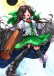  ahoge arm_cannon arm_up bad_id bad_pixiv_id black_legwear black_sun bow brown_hair dress green_bow hair_bow hand_up long_hair ne-on open_mouth pointing red_eyes reiuji_utsuho short_sleeves solo sun thighhighs touhou weapon wings 