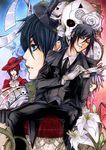  3boys black_hair blue_eyes butler ciel_phantomhive flower formal gloves glowing glowing_eyes grey_hair hat highres kuroshitsuji lily_(flower) lipstick madam_red makeup md5_mismatch multiple_boys necktie pants pentagram pluto_(kuroshitsuji) red_eyes red_hair resized rose sebastian_michaelis skull suit top_hat upscaled watch white_flower white_gloves white_rose yaichino 