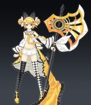  alternate_hairstyle animal_ears axe battle_axe black_legwear blonde_hair bloomers bow cat_ears checkered checkered_legwear chun_(friendly_sky) double_bun fantasy hair_bow hair_ribbon kagamine_rin mismatched_legwear ribbon solo thighhighs underwear vocaloid weapon white_legwear 