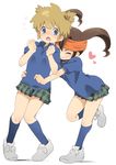  blue_eyes blush brown_hair endou_mamoru genderswap genderswap_(mtf) headband heart inazuma_eleven inazuma_eleven_(series) inuzumi multiple_girls school_uniform short_hair socks tachimukai_yuuki twintails 