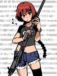  black_eyes blush braid cutoffs darker_than_black gun head_tilt kunka_kunka kyosu long_hair midriff navel red_hair rifle shorts single_braid single_thighhigh sniper_rifle solo suou_pavlichenko sweatdrop thighhighs translation_request wall_of_text weapon 