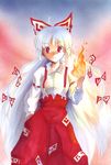  annoyed fire fujiwara_no_mokou hair_ribbon hands_in_pockets highres long_hair m-shiganai marker_(medium) millipen_(medium) pants red_eyes ribbon solo suspenders touhou traditional_media very_long_hair white_hair 