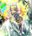 aqua_eyes bad_id bad_pixiv_id black_legwear blonde_hair candy choker fang food from_above hair_ornament hair_ribbon hairclip jacket kagamine_rin looking_up microphone microphone_stand necktie open_mouth ribbon short_hair skirt solo star tcb thighhighs vocaloid zettai_ryouiki 