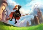  arm_up ask_(askzy) bad_id bad_pixiv_id black_legwear broom broom_riding brown_eyes castle cloud crossed_legs day flying ginny_weasley grass harry_potter highres loafers long_hair miniskirt necktie one_eye_closed orange_hair outdoors pantyhose quidditch red_hair school_uniform shading_eyes shoes sidesaddle sitting skirt sky solo 