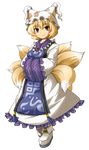  absurdres blonde_hair brown_eyes elroadmaster fox_tail full_body hands_in_opposite_sleeves hat highres multiple_tails short_hair smile solo tail tassel touhou transparent_background yakumo_ran 