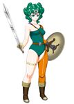  asymmetrical_clothes blue_eyes boots bracelet circlet curly_hair dragon_quest dragon_quest_iv earrings gloves green_hair green_leotard heroine_(dq4) jewelry leotard shield short_hair single_glove single_thighhigh smile somaria sword thighhighs weapon 