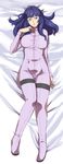  blue_eyes blue_hair bodysuit breasts dakimakura florence_kirishima full-length_zipper full_body gundam highres jack_hamster large_breasts long_hair lying messy_hair purple_bodysuit sd_gundam sd_gundam_g-generation shirt solo taut_clothes taut_shirt zipper 