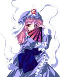  alphes_(style) covering_mouth fan folding_fan frills ghost hat japanese_clothes long_hair oyu_no_kaori parody pink_hair red_eyes saigyouji_yuyuko solo style_parody touhou transparent_background 