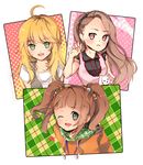  blonde_hair brown_eyes brown_hair bunny casual green_eyes highres hoshii_miki idolmaster idolmaster_(classic) idolmaster_2 long_hair minase_iori multiple_girls plaid stuffed_animal stuffed_bunny stuffed_toy takatsuki_yayoi taroll 