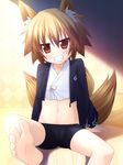  animal_ears barefoot bike_shorts blonde_hair borrowed_character brown_eyes brown_hair fang feet foreshortening fox_ears fox_tail grin inuarashi japanese_clothes midriff multicolored_hair multiple_tails navel original pov_feet sanbi_(reku) smile solo tail two-tone_hair 