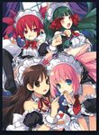  alternate_costume apron atelier_(series) atelier_viorate blue_eyes blush brown_eyes brown_hair cake crossover disgaea enmaided etna feeding food green_hair hair_ornament long_hair maid maid_headdress multiple_girls nippon_ichi official_art pastry red_eyes red_hair rizelia_(trinity_universe) trinity_universe tsubaki_(trinity_universe) tsunako viorate_platane windowboxed 