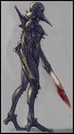  bad_id bad_pixiv_id blade blood blood_stain border carapace glowing glowing_eyes jigoku_shouji monster no_humans original profile realistic red_eyes solo spine walking weapon 