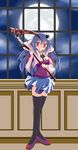  black_legwear blue_hair hair_ornament haqua_d'rot_herminium highres kami_nomi_zo_shiru_sekai long_hair magic:_the_gathering red_eyes scythe skirt skull_hair_ornament smile solo thighhighs toni_(artist) weapon 