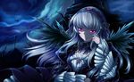  dress feathers flower frills hairband long_hair mtyy pink_eyes purple_eyes purple_flower purple_rose ribbon rose rozen_maiden solo suigintou white_hair 