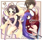  ... 2girls black_hair blue_hair broom brown_hair choker cravat elysia_de_lute_ima grey_eyes hair_ornament handheld_game_console haqua_d'rot_herminium kami_nomi_zo_shiru_sekai katsuragi_keima long_hair multiple_girls playstation_portable ponytail red_eyes school_uniform scythe skirt skull_hair_ornament smile thighhighs tokira_nozumi 