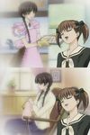  baking braid brown_hair collage fukuzawa_yumi knitting maria-sama_ga_miteru multiple_girls ribbon school_uniform screencap shimazu_yoshino 