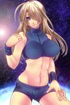  ahoge bad_id bad_pixiv_id bangs bare_shoulders blue_eyes breasts cowboy_shot glowing hair_over_one_eye halterneck hand_on_own_shoulder hand_on_own_thigh impossible_clothes large_breasts legs_apart lens_flare light_smile lips long_hair looking_at_viewer metroid metroid_fusion midriff navel outline planet ran_komomo samus_aran shorts sky smile solo space sports_bra star_(sky) starry_sky sun turtleneck white_hair wristband 