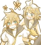  1girl bad_id bad_pixiv_id blonde_hair blush brother_and_sister fang green_eyes hair_ornament hairclip headphones kagamine_len kagamine_rin lowres ryou_(fallxalice) short_hair siblings twins vocaloid 