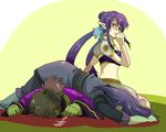  2boys bad_id bad_pixiv_id blood brown_hair judith multiple_boys pointy_ears purple_hair raven_(tales) sakasa_majirou smile tales_of_(series) tales_of_vesperia yellow_background yuri_lowell 