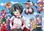  antennae bad_id bad_pixiv_id broom broom_riding chen cirno closed_eyes gap green_hair grin hair_over_one_eye hands_on_hips hat kamishirasawa_keine kirisame_marisa multiple_girls mystia_lorelei no_nose okannigeru one_eye_closed rumia short_hair smile team_9 touhou wriggle_nightbug yakumo_ran yakumo_yukari 