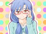  adjusting_eyewear alternate_hairstyle bad_id bad_pixiv_id bespectacled blue_hair brown_eyes cross cross_necklace glasses idolmaster idolmaster_(classic) jewelry kisaragi_chihaya light_smile long_hair necklace punto red-framed_eyewear solo twintails upper_body 