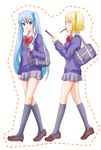  bag blonde_hair blue_eyes blue_hair bow bowtie dotted_line eating food hatsune_miku kagamine_rin kagamitora kneehighs loafers long_hair mouth_hold multiple_girls pocky school_uniform shoes short_hair skirt sweater twintails very_long_hair vocaloid walking 