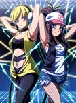  arms_up baseball_cap blonde_hair blue_eyes blush brown_hair cable chozuru gym_leader hat headphones kamitsure_(pokemon) long_hair md5_mismatch multiple_girls navel open_mouth pantyhose pokemon pokemon_(game) pokemon_bw shorts smile touko_(pokemon) 