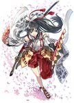  armor bare_shoulders black_eyes black_hair bridal_gauntlets detached_sleeves dual_wielding fan foreshortening holding japanese_armor kusazuri long_hair ootachi original petals ponytail ran'ou_(tamago_no_kimi) sheath solo sword tassel weapon wide_sleeves 