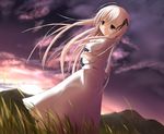  bad_id bad_pixiv_id black_eyes blush cloud dress gaiguu grass hair_ribbon highres kasugano_sora long_hair ribbon solo sunset twintails white_hair yosuga_no_sora 