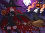  bat black_legwear book bracelet bridal_gauntlets broom candy cape food halloween hat iga_tomoteru jack-o'-lantern jewelry looking_back mask original pumpkin red_hair snake thighhighs torn_clothes witch witch_hat yellow_eyes 