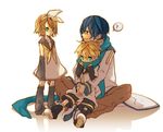  2boys :t ? aqua_hair blonde_hair blue_eyes blue_hair child hair_ornament hair_ribbon hairclip kagamine_len kagamine_rin kaito kuusou_ryodan multiple_boys ribbon scarf shared_scarf short_hair simple_background smile tears vocaloid 