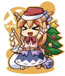  &gt;_&lt; christmas christmas_tree closed_eyes elroadmaster gohei gourd hat horns ibuki_suika orange_hair sack santa_hat solo touhou 