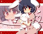  :3 animal_ears bad_id bad_pixiv_id black_hair blush bunny bunny_ears bunny_tail face heart heart_of_string hug inaba_tewi matatabi_maru red_eyes short_hair solo stuffed_animal stuffed_bunny stuffed_toy tail touhou zoom_layer 