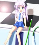  barefoot blue_eyes checkered checkered_floor cleaning_brush empty_pool highres hiiragi_kagami hose lens_flare lucky_star mai_(t-5) necktie pleated_skirt pool poolside purple_hair school_uniform skirt solo twintails unmoving_pattern water 