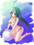  ahoge ball barefoot beachball bikini breasts christinya cleavage green_hair huge_ahoge kneeling long_hair medium_breasts original purple_eyes side-tie_bikini solo swimsuit white_bikini 