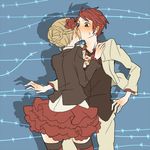  1boy 1girl beatrice blonde_hair blush flower formal hair_flower hair_ornament jewelry kiss lowres necktie necktie_grab neckwear_grab red_hair ring skirt suit thighhighs umineko_no_naku_koro_ni ushiromiya_battler vest zettai_ryouiki 