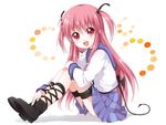  :d angel_beats! ankle_lace-up bat_wings cross-laced_footwear emblem from_side full_body leg_ribbon long_hair md5_mismatch namori open_mouth pink_eyes pink_hair ribbon school_uniform serafuku sitting smile solo tail thigh_strap two_side_up wings yui_(angel_beats!) 